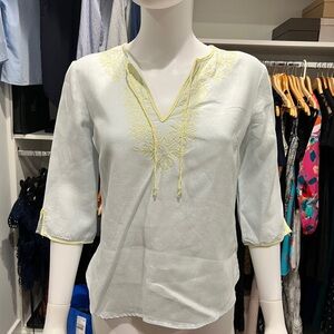 Cream Blouse with Yellow Tie Front and 3/4 Sleeves